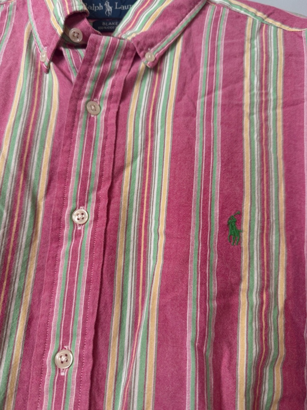 NWT-Ralph Lauren Pink Striped Button-Down Shirt Blake Fit Green & White Accents